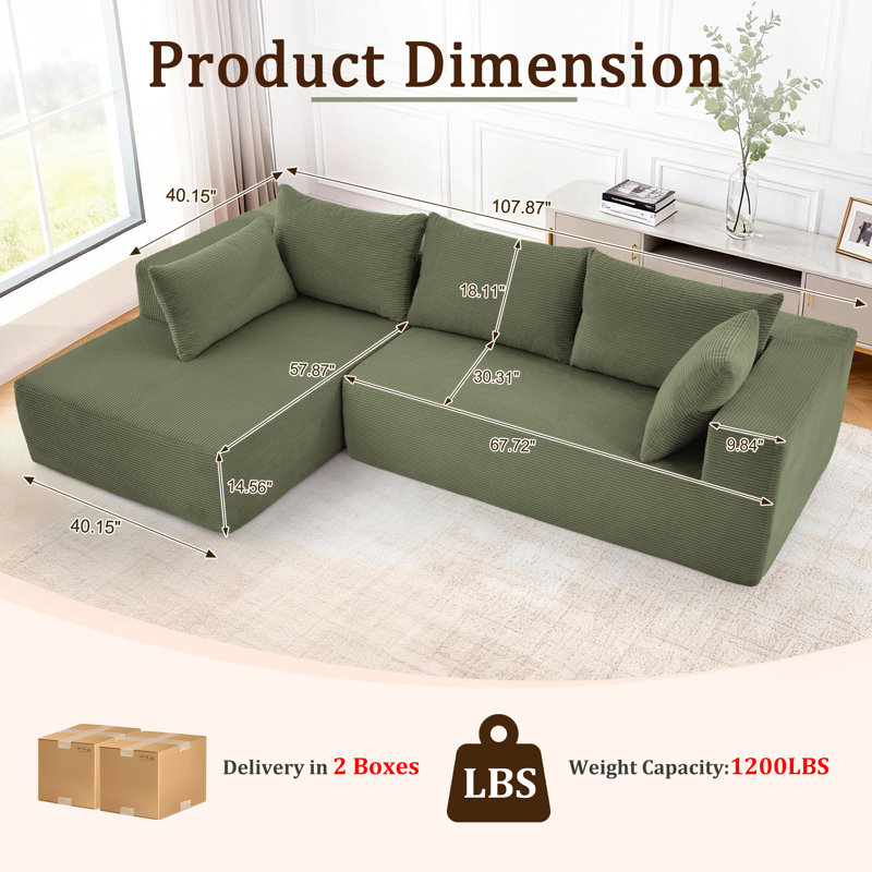 Modular Sectional Sofa , Convertible L-shaped Sofa, Freely Combined Sofa Couch With Pillows For Living Room, Corduroy, Green