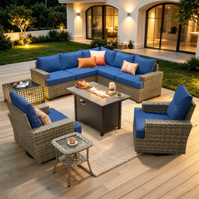 Ensemble de conversation modulaire d'extérieur en osier 7 personnes avec chaises pivotantes et coussins, ensemble de conversation pour patio avec foyer