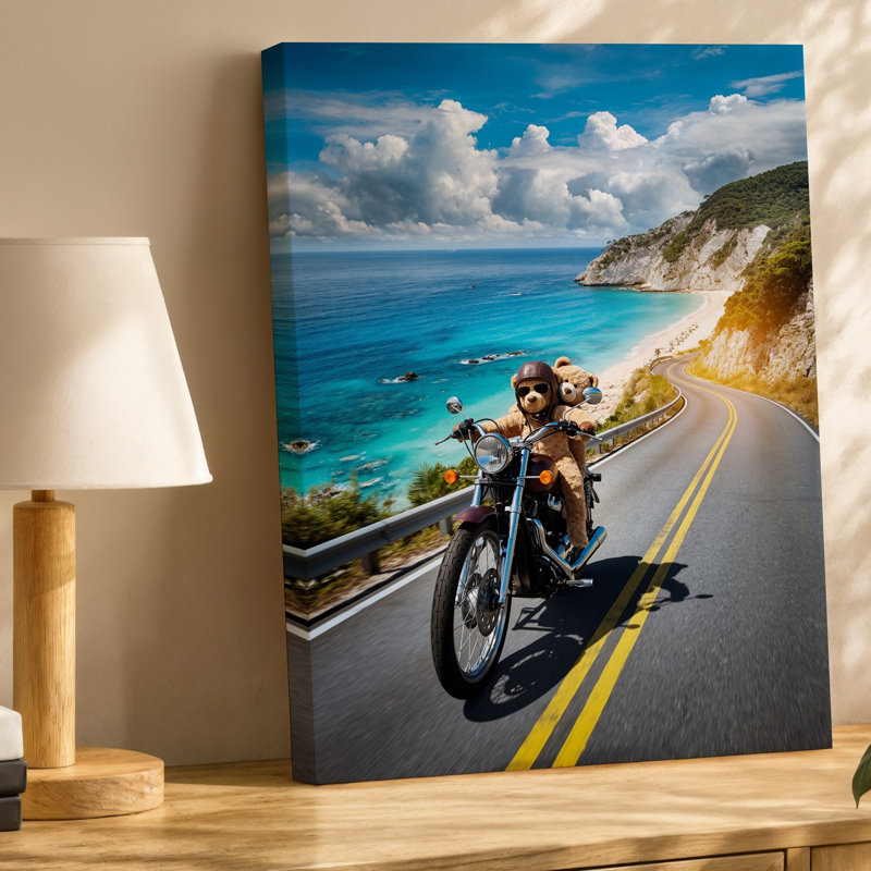 Reproduction d'art sur toile, "Une scène fantaisiste" avec deux ours en peluche qui chevauchent joyeusement une moto rétro le long d'une route côtière sinueuse