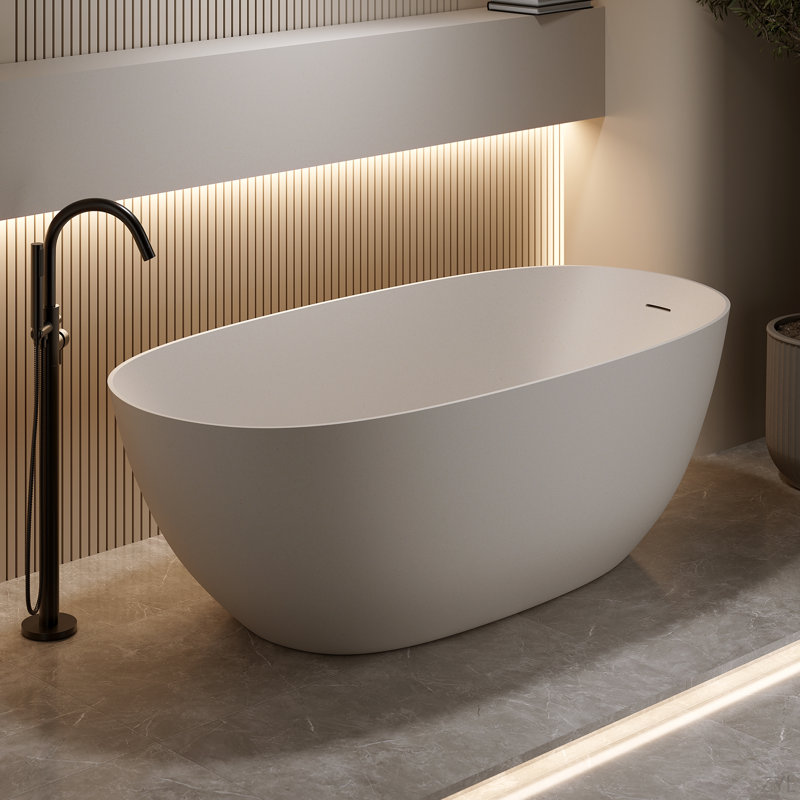 57″Solid Surface Tub, Solid Surface Soaking Tub, Stone Resin Freestanding Bathtub, Thick Edge Stand Alone Tubs With Overflow, Pop-Up Drain(Oval)