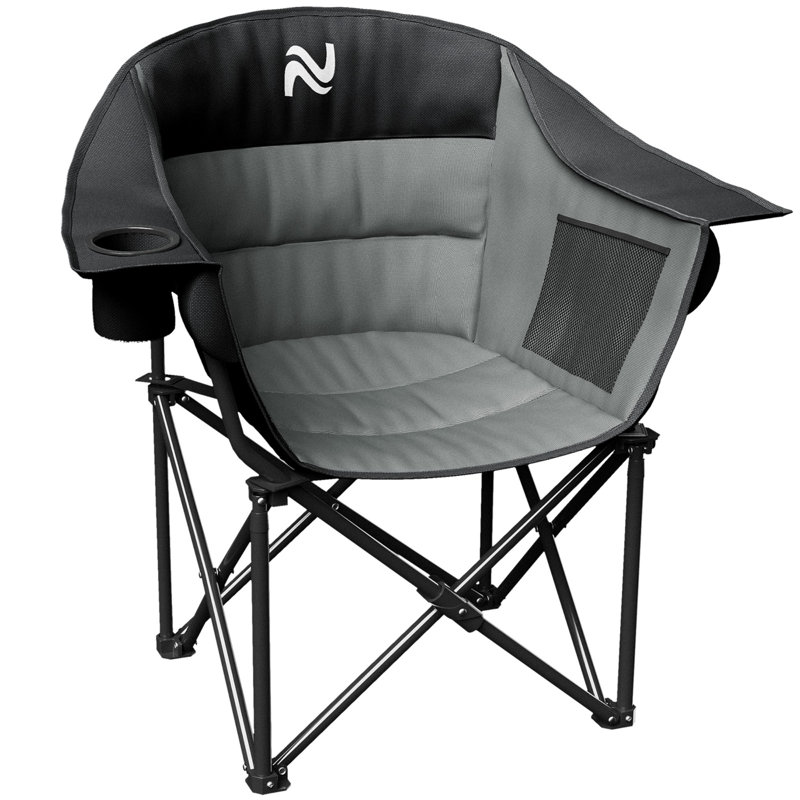 Oversized Padded Folding Camping Chair With Armrests - Heavy Duty Moon Chair For Outdoor/Indoor, Black/Gray