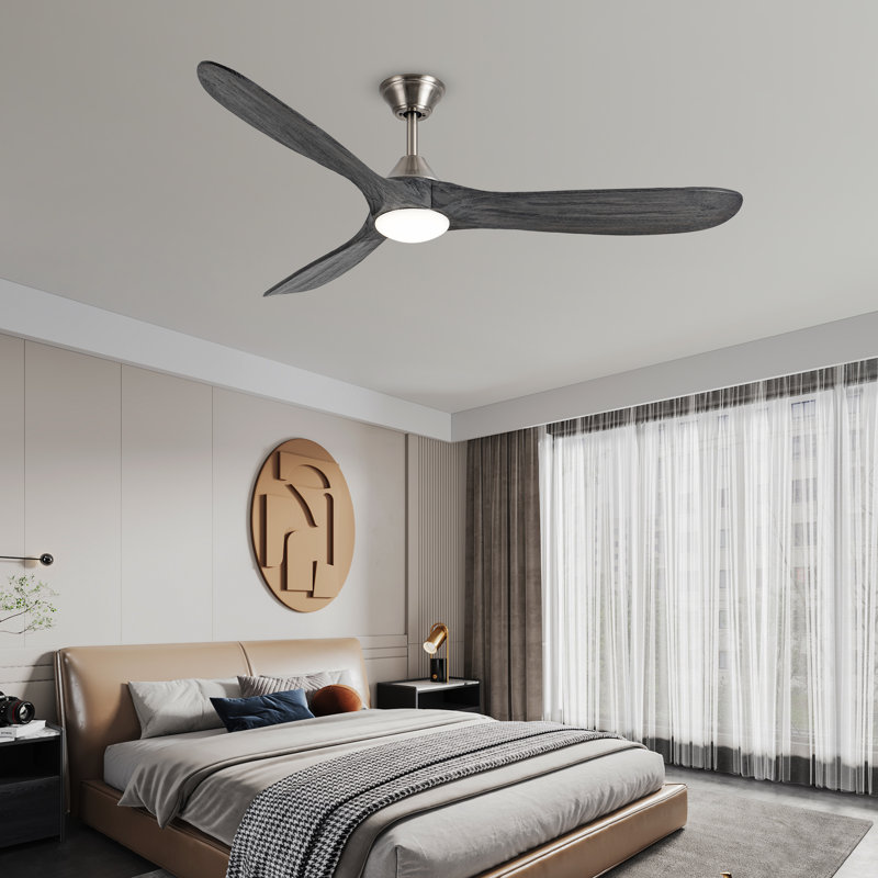 3 Blade Gray Solid Wood Ceiling Fan With Light And Remote Control, 52'' Wide