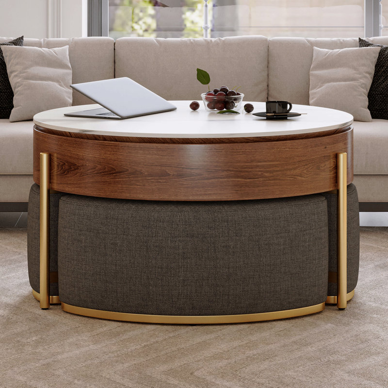 Table basse ronde en noyer fritté avec plateau relevable moderne avec placage de rangement caché et plateau en pierre frittée
