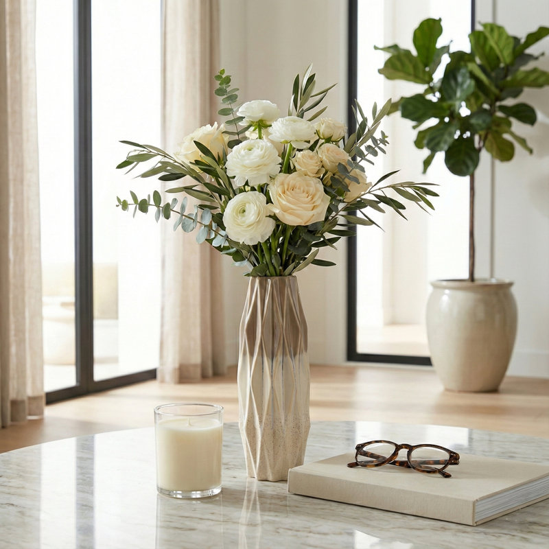 Modern Faceted Ceramic Table Vase for Tabletops - Decorative Tall Flower Vase for Consoles, Entryway, or Home Decor - Ivory & Brown