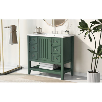 Meuble-lavabo de 36 po de couleur, fabriqué avec du bois massif et une armoire, trois tiroirs, un lavabo en céramique et un lavabo en acier inoxydable à charnières, lavabo plat et autoportant