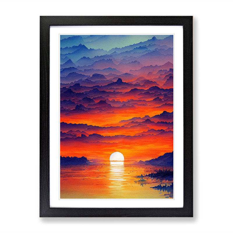 Sunset Watercolour No.6 - Single Picture Frame Print, 46cm H x 34cm W x 2cm D, Black