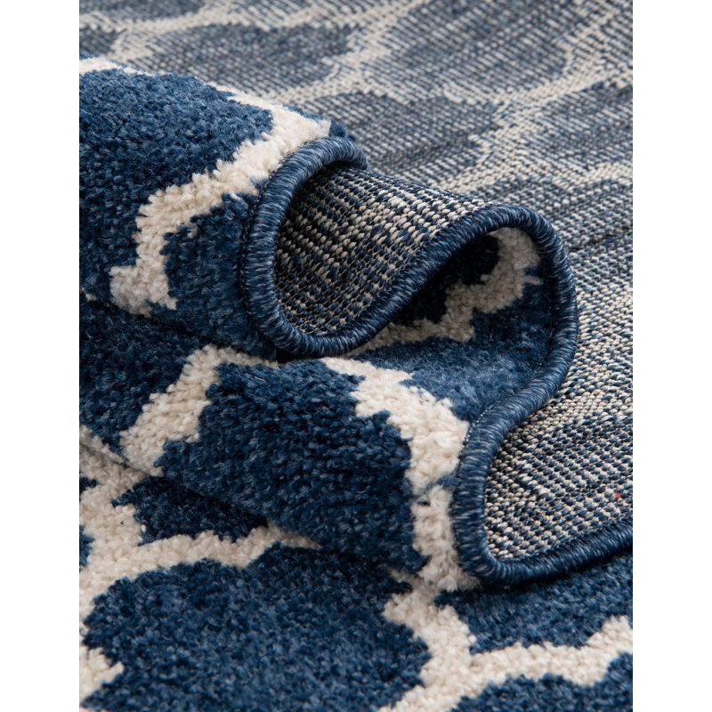 Ruri Geometric Dark Blue/Ivory Area Rug, Half Circle 2'2" x 3'7"