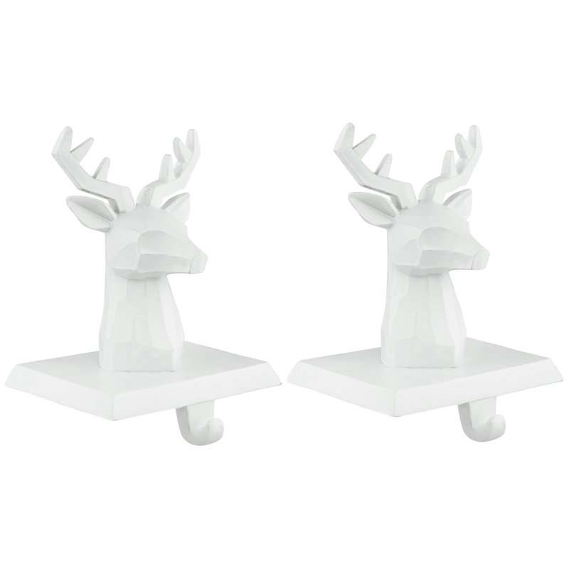 White Hand-Carved Reindeer Head Stocking Holders, Set of 2