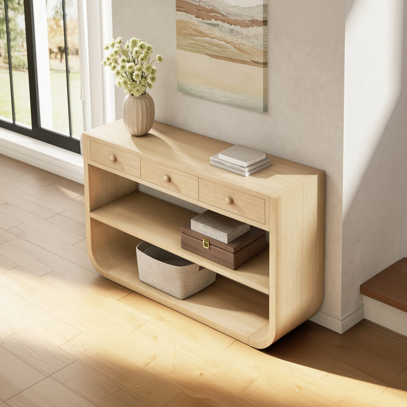 Console Classic Design avec 3 tiroirs et 2 tablettes ouvertes, Natural Wood