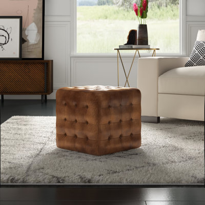 Elgin 18" Wide Genuine Leather Tufted Square Cube Ottoman by Mercury Row