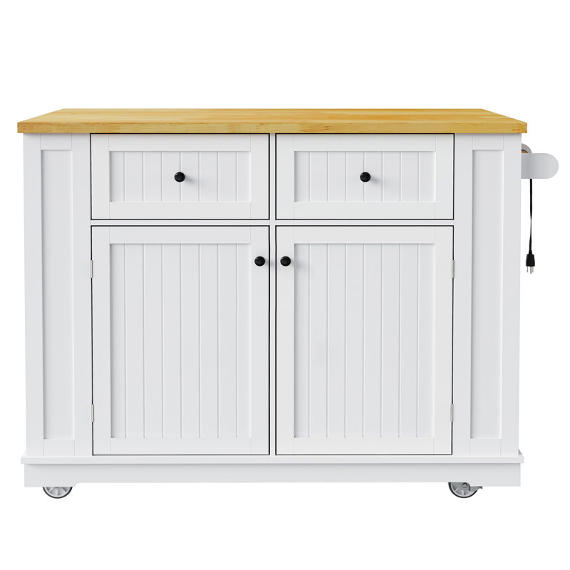 Grand îlot de cuisine avec espace de rangement interne, prise de courant, 5 roulettes, 2 tiroirs, tablettes réglables, rangement blanc de 48 po, entrée, mobilité, finition