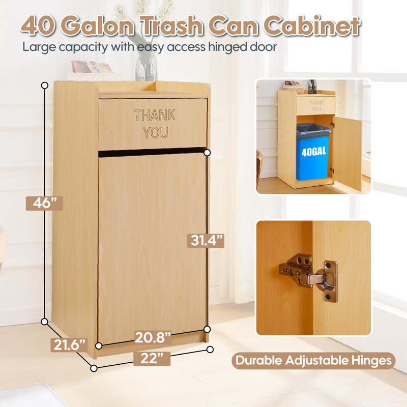 Restaurant Trash Can Cabinet With Tray Holder,40 Gallon Wooden Garbage Can, Natural Wood