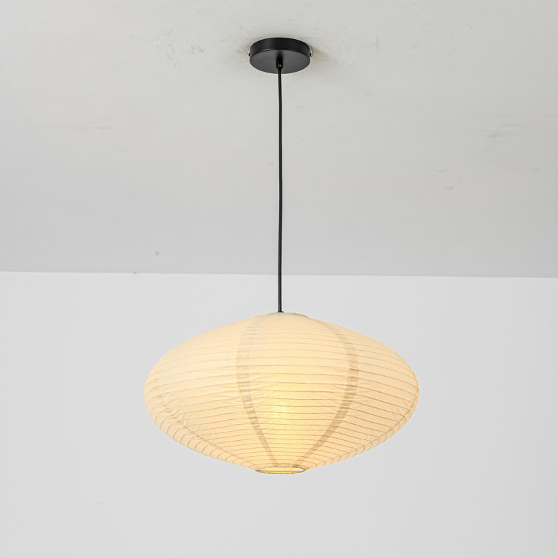 Suspension de lanterne en papier à une lumière avec abat-jour plat cylindrique, H 92,1 po x l 19,7 po x P 19,7 po