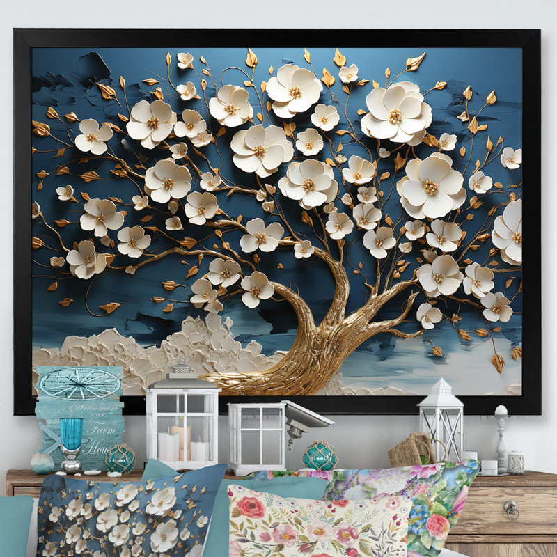 Arbre d'orchidée bleu et blanc doré de branches II - arbre, art mural, H 12 po x l 20 po x P 1 po, Cadre d'angle fermé noir