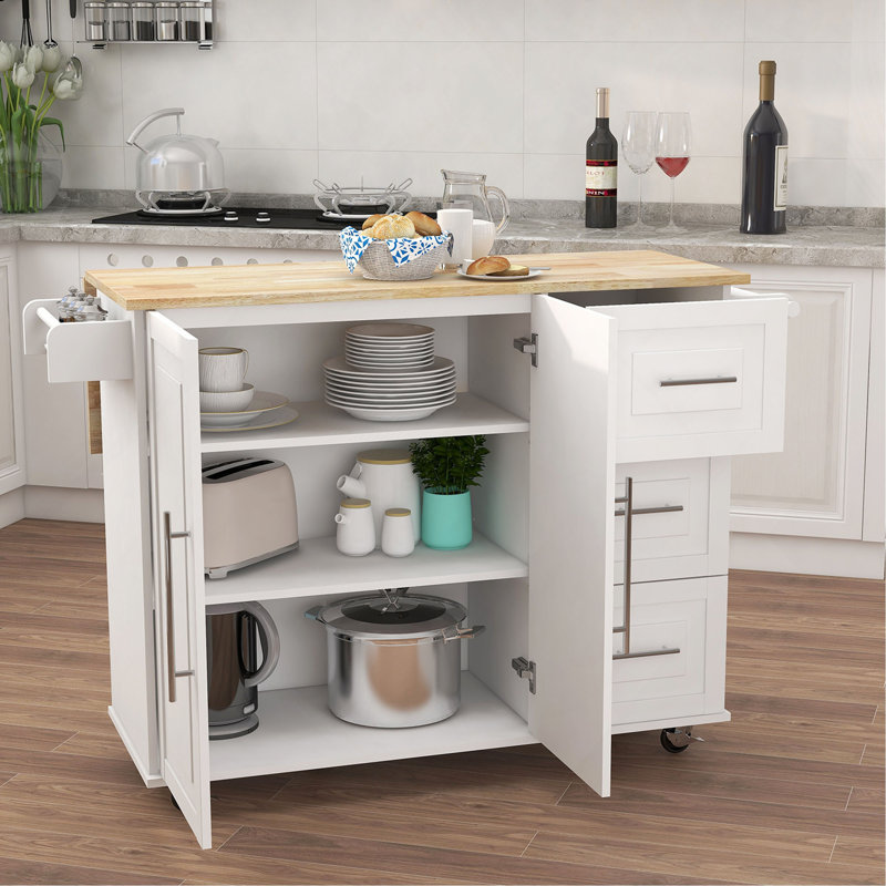 Kitchen Island With Spice Rack, Towel Rack And Extensible Solid Wood Table Top, White