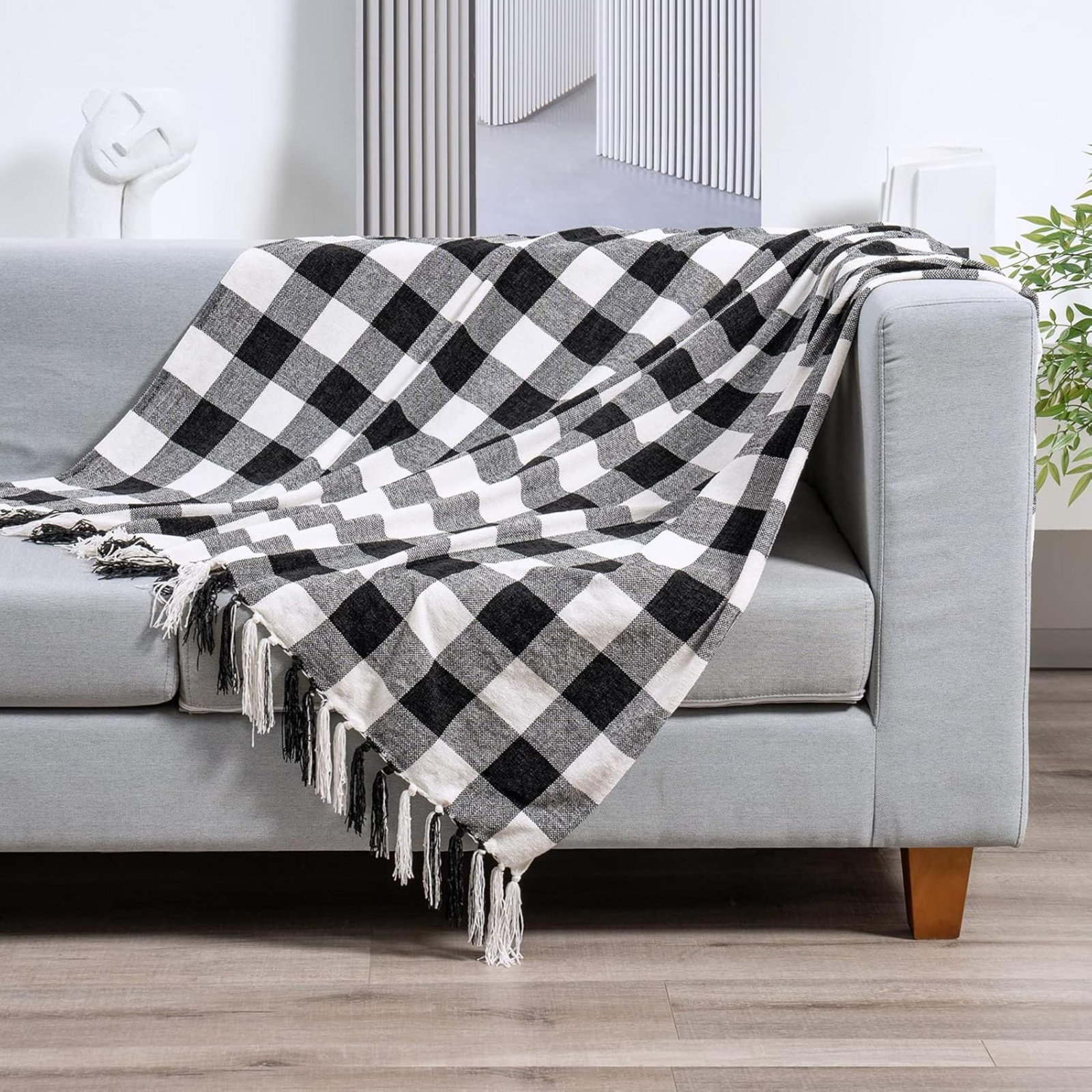 Chenille Throw Blanket, 60" L x 50" W, Black/White Plaid