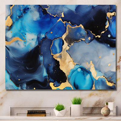 Bleu et or, art abstrait fluide de luxe V - fractales, art mural