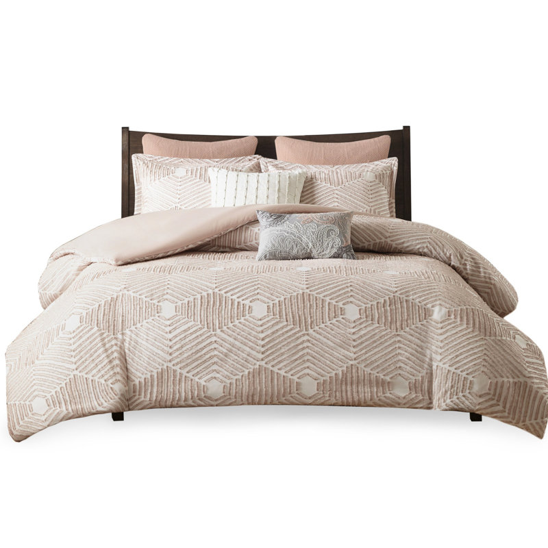 Chambre à coucher géométrique en coton Blush - Lavable à la machine et au chaud, Édredon grand et 2 taies décoratives