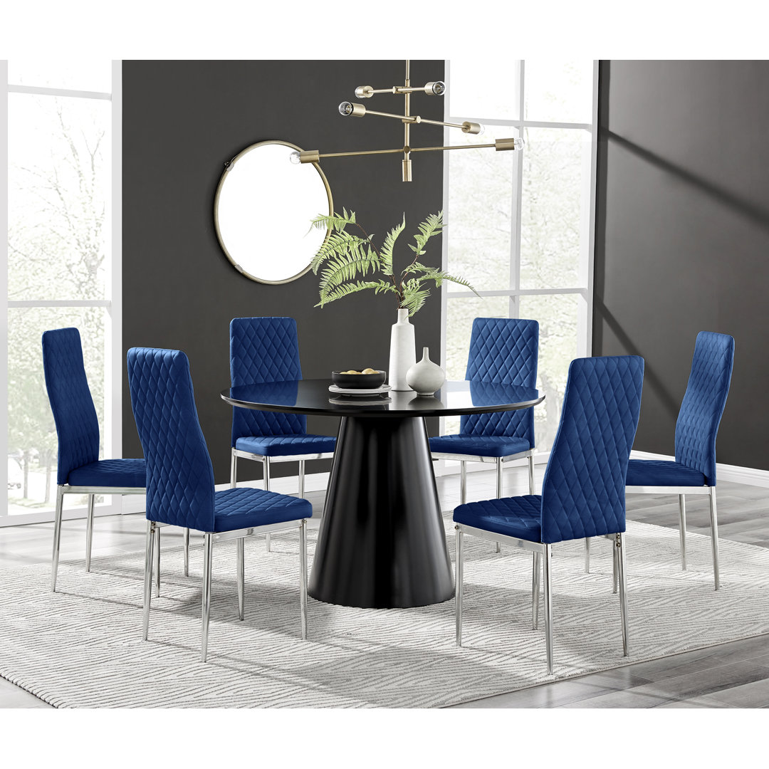 Edzard Statement Pedestal Round Dining Table Set & 6 Luxury Velvet Dining Chairs