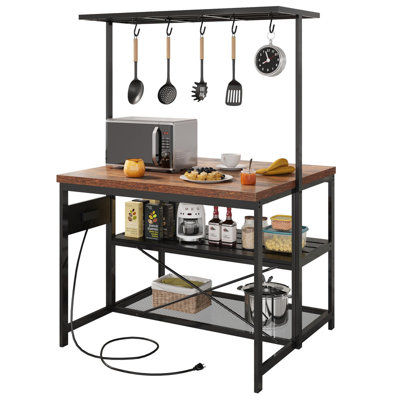 48" Kitchen Island with Power Outlets - Mobile Bakers Rack with 3 Shelves, Microwave Stand & 5 Hooks, 400lb Capacity (Brown) by 17 Stories