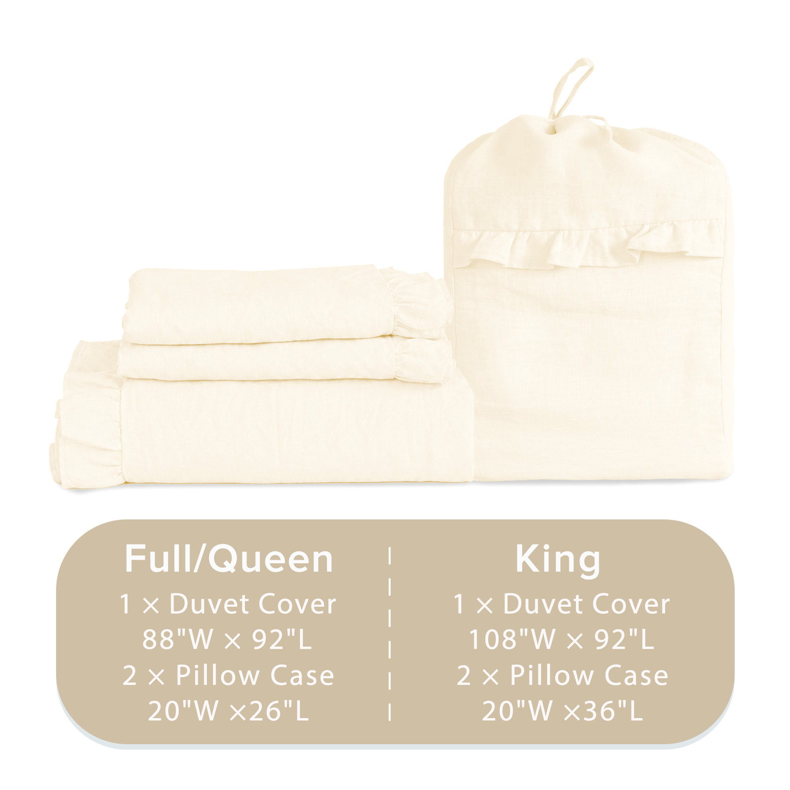 Clara 100% French Linen Breathable Ruffle Duvet Cover Set, Full/Queen, Eggnog