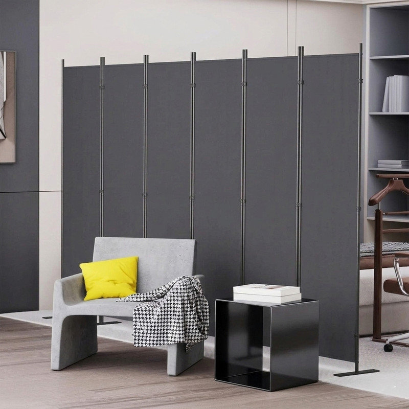 Paravent 6 panneaux d'intimité l 120 po x H 71 po pour l'espace intérieur, structure en métal robuste et cloison autoportante en tissu de polyester pour la chambre à coucher, le bureau et le salon - noir et gris