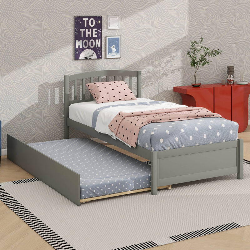 Structure de lit plateforme robuste en bois avec lit gigogne, Gris