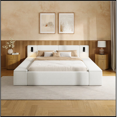 Queen Size Upholstered Fallston with Hidden Storage, Built-in Nightstands and LED Lights