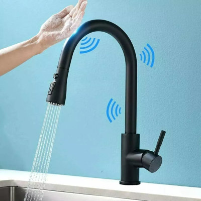 Matte Black Touch Sensor Kitchen Faucet w/ Pull Out Sprayer Swivel Mixer Tap