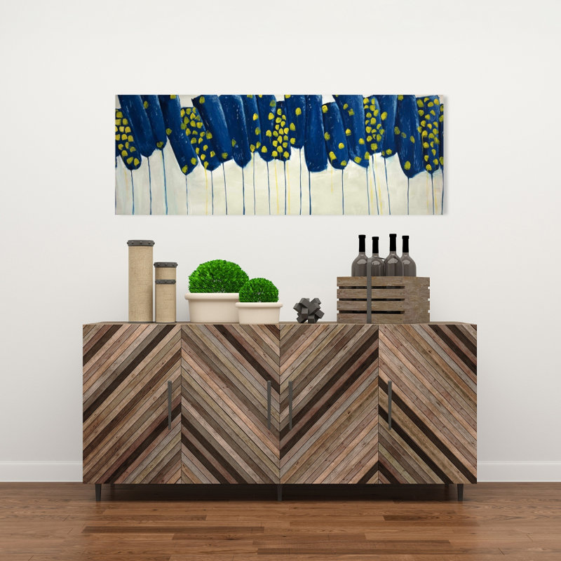 Toile abstraite avec fleurs bleues et jaunes | Décoration intérieure, H 48 po x l 16 po