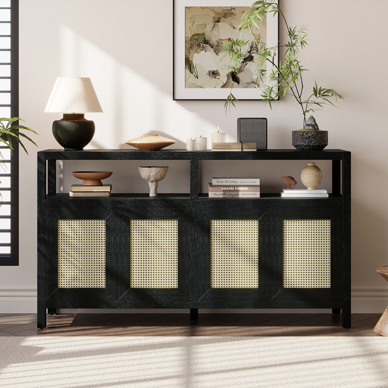 Armoire de rangement en rotin de style bohémien avec structure en bois massif, buffet avec tablettes réglables à 3 positions, conception à pousser sans poignée