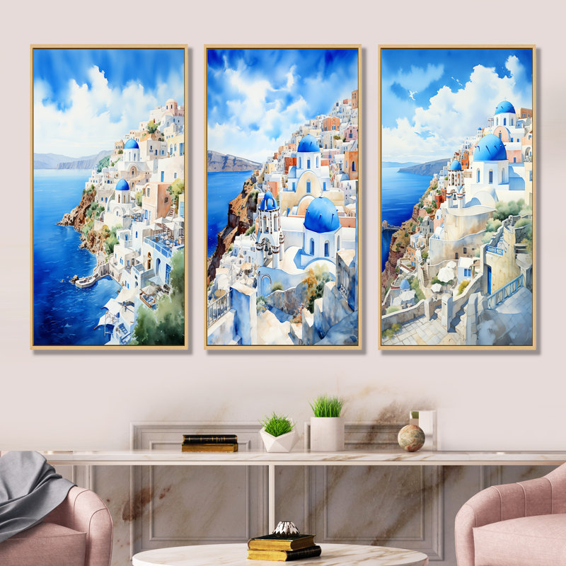 Village côtier de Santorin en Grèce I - Grèce, ensemble de 3 décorations murales, Cadre flottant brun, H 32 po x l 48 po