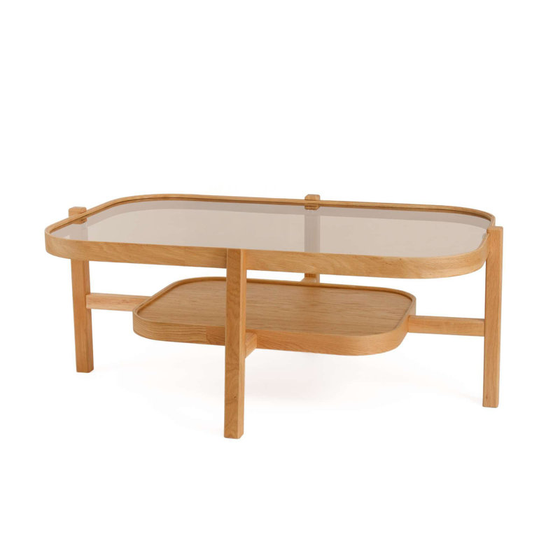 Cloutier Modern Scandinavian Coffee Table, Oak Finish, 43.3 x 19.0 x 27.6 inches | 100% Solid Wood Base, 0.7 inch Thick Tempered Glass Top | Stylish & Functional Design for Living Room, Elegant Home Décor