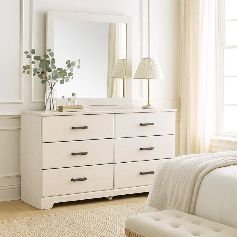 Tely 2Pc Dresser And Mirror Set, 6 Drawers W Pewter Handles, White