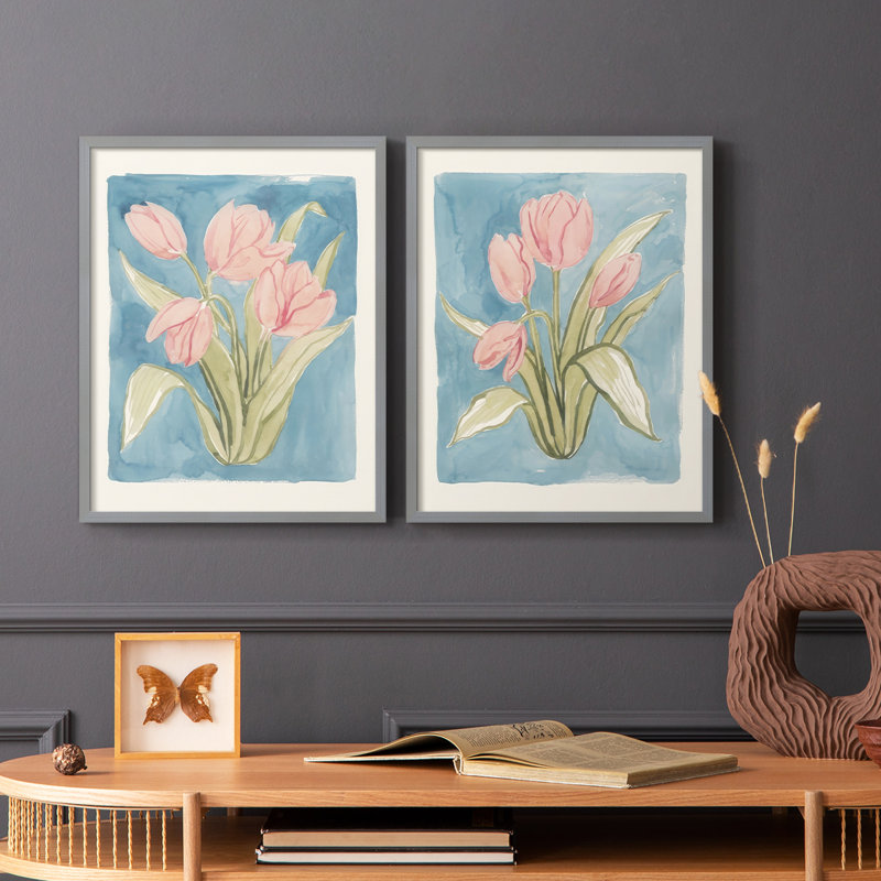 Tulipe, aquarelle, croquis I - reproduction encadrée de qualité supérieure - prête à être accrochée - aucun clou requis - aucun clou requis