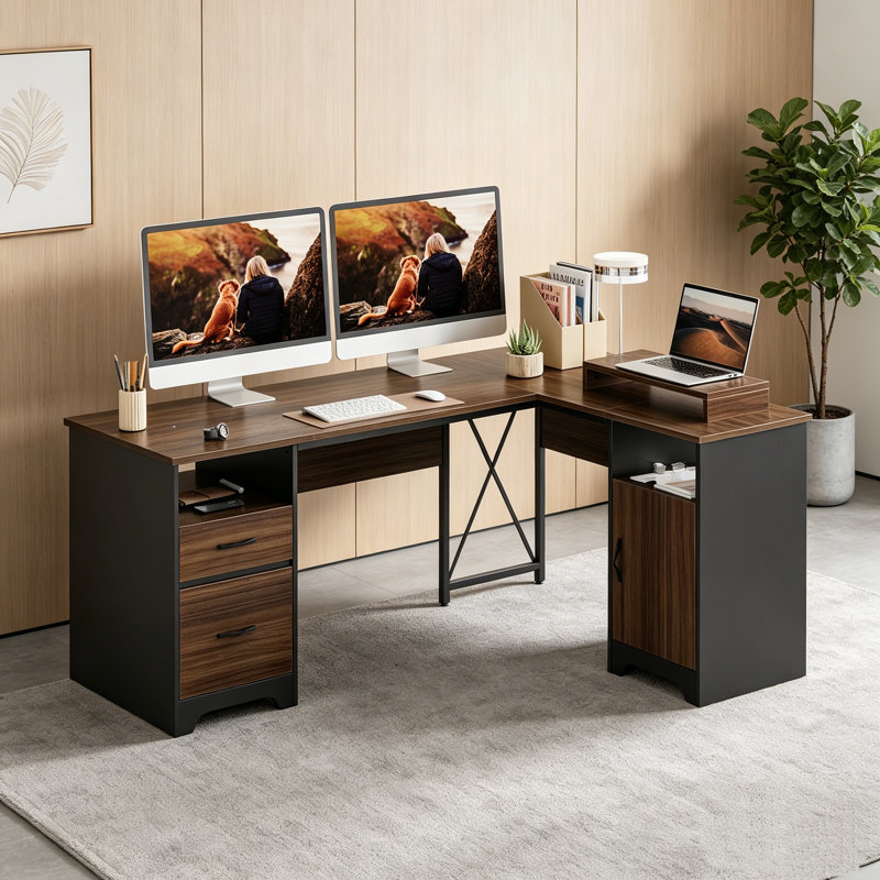 160cm L-Shaped Home Office Desk With File&storage Drawers And Cabinet,Executive Desk With Monitor Stand, Cherry