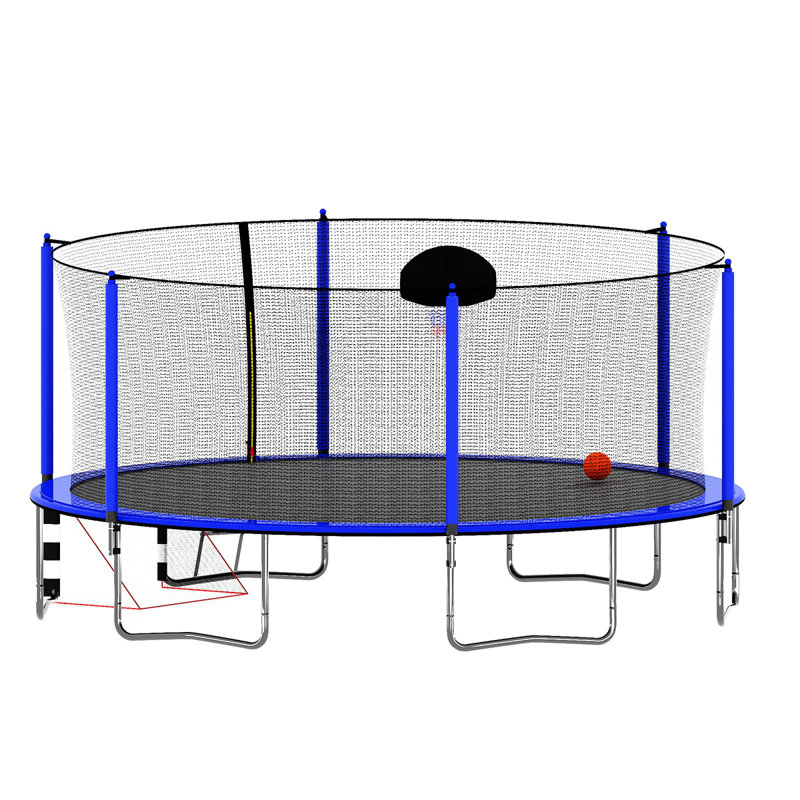 16FT Blue Round Trampoline with Safety Enclosure and Basketball Hoop