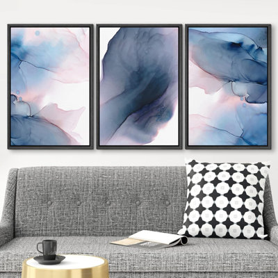 Bleu marine et rose, aquarelle, encre, collage, formes abstraites, illustrations, art moderne, néon chic