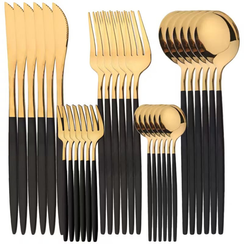 Ensemble de 30 couverts en acier inoxydable noir doré, ensemble de couverts en acier inoxydable doré - Argenterie polie miroir pour les mariages