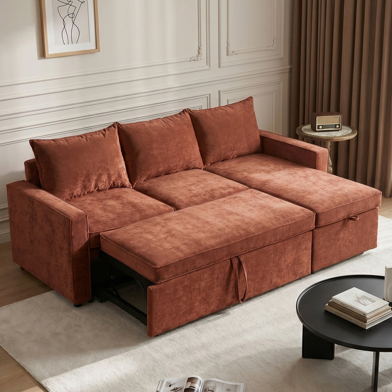 Canapé-lit modulaire en L avec lit escamotable et méridienne de rangement, Orange
