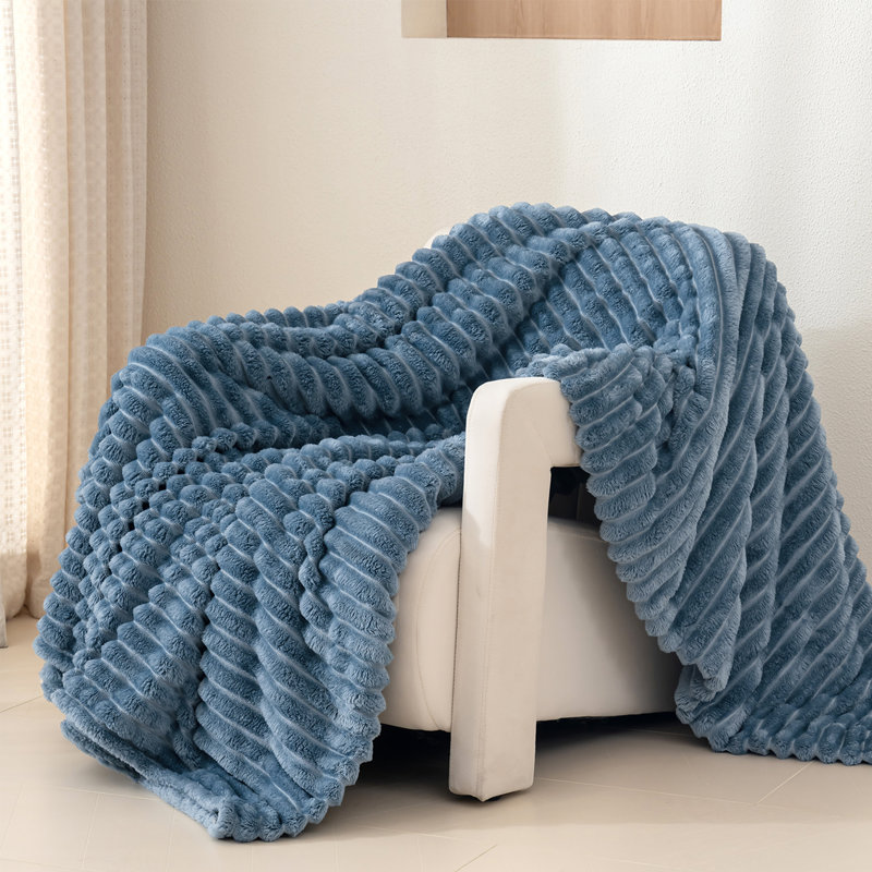 Striped Plush Lightweight Throw Blanket, Ultra Soft & Cozy for Sofa Couch Bed, Machine Washable, Blue, 150cm x 200cm