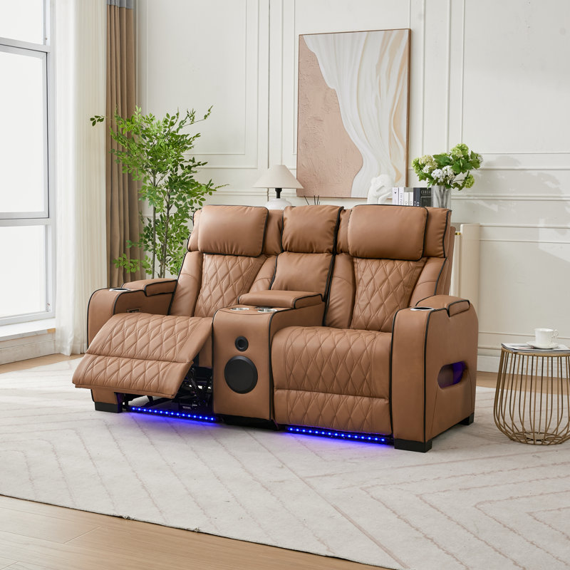 Causeuse inclinable en similicuir avec console de rangement, porte-gobelets et lumières à DEL, Brun
