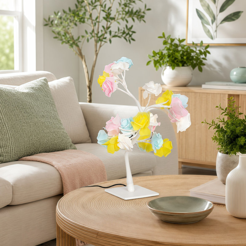14.96in Artificial Rose Branch Table Lamp, White Plastic Floral Desk Lamp, USB Powered Inline Button Control Adjustable Shape Night Light