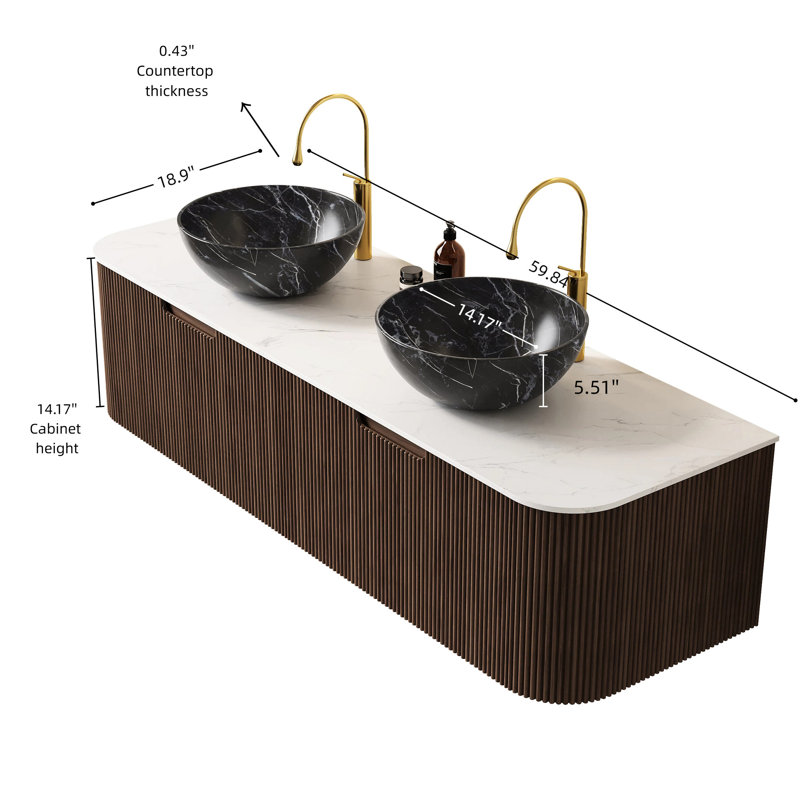 Meuble-lavabo 60 po avec 2 tiroirs, armoire flottante, cuves en céramique noires pré-assemblées, couleur noyer, finition rayée 3D, mécanisme de fermeture silencieuse du tiroir