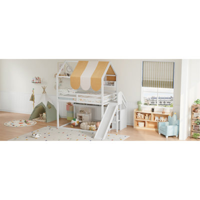 Full Size Bunk Bed With Canopy, Slide & Built-In Bookshelves, White