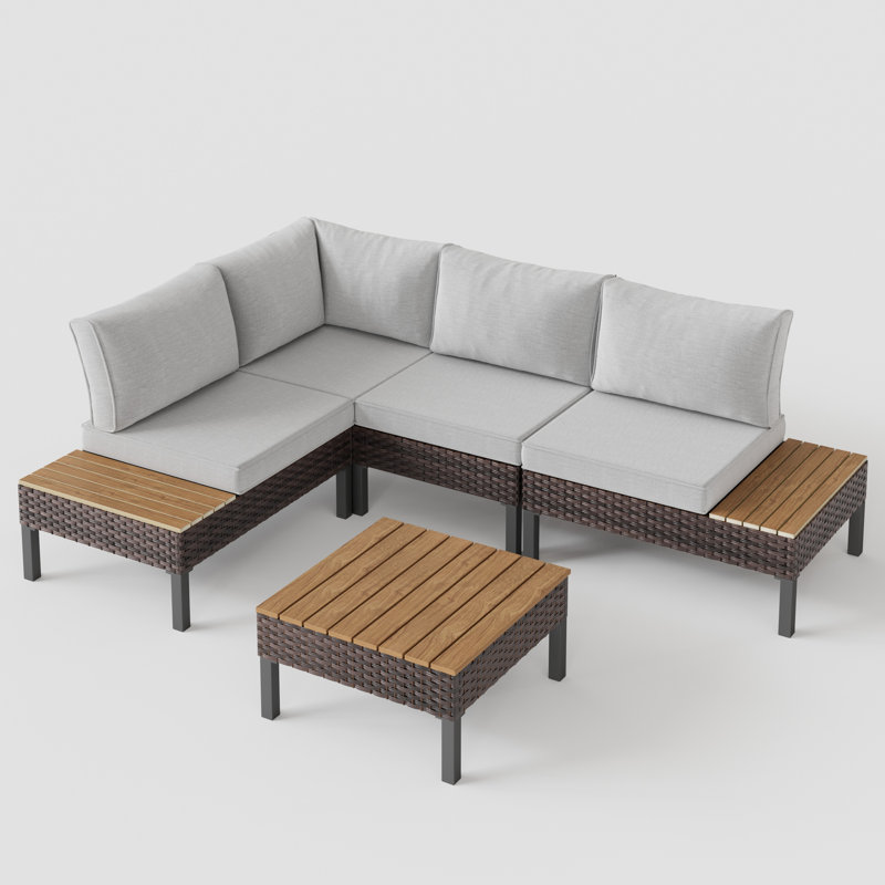  Outdoor 4-Person L-Shaped Metal Seating Group With Cushions, Beige; Gray