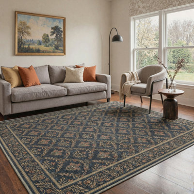 Floriana Floral Machine Washable Navy Indoor Area Rug With Non-Slip Backing