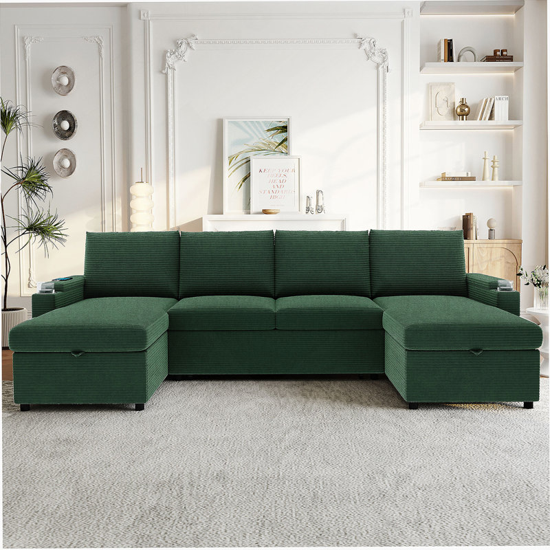 Convertible U-Shaped Sectional Sofa Bed With Dual Chaise Lounges, Multi-Functional Armrests, Storage, And USB Ports For Comfortable Living Spaces