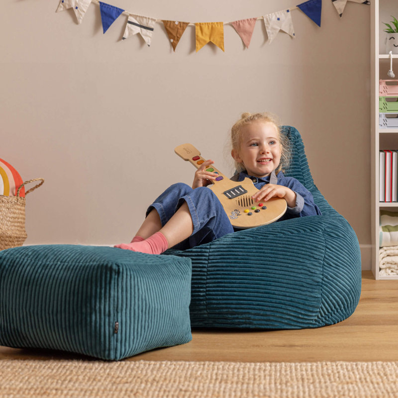 icon Kids Dalton Cord High Back Bean Bag and Mini Square Footstool, Teal, Teal