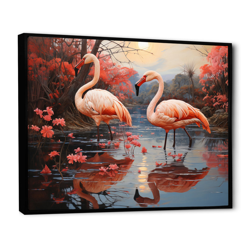 Flamant flamant rose pastel - imprimé, H 30 po x l 40 po x P 1,5 po, Cadre flottant noir